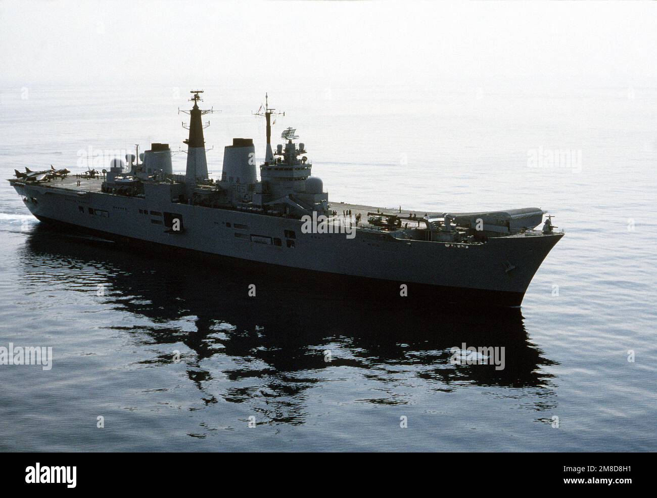 A starboard bow view of the British light aircraft carrier HMS