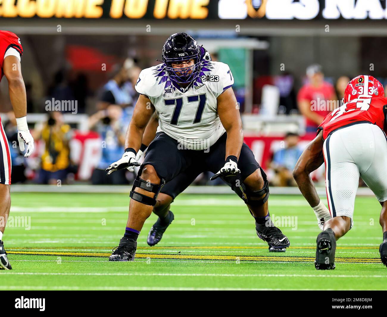 Inglewood, CA. 9th Jan, 2023. TCU Horned Frogs offensive tackle Brandon Coleman (77) looks to block during the College Football Playoff National Championship game between the TCU Horned Frogs and the Georgia Bulldogs on January 9, 2023 at SoFi Stadium in Inglewood, CA. (Mandatory Credit: Freddie Beckwith/MarinMedia.org/Cal Sport Media) (Absolute Complete photographer, and credits required).Television, or For-Profit magazines Contact MarinMedia directly. Credit: csm/Alamy Live News Stock Photo