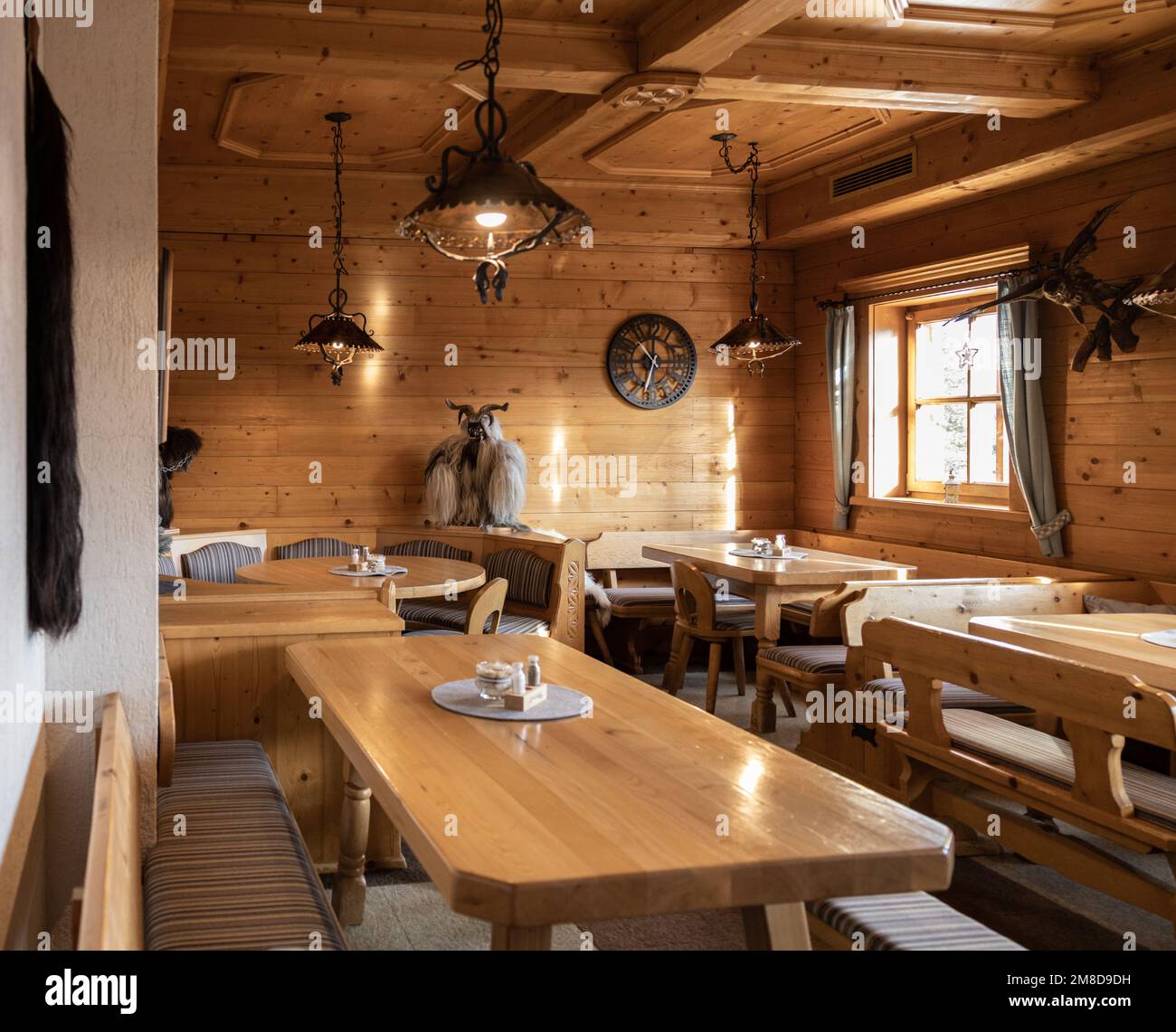Decoration of the mountain restaurant in the Austrian Alpine style Stock Photo