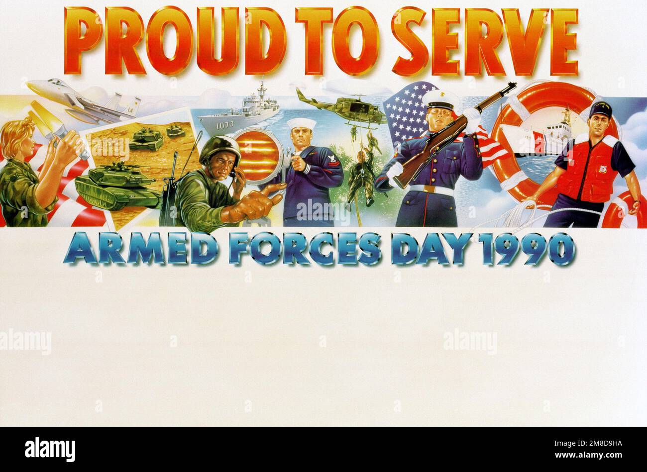 PROUD TO SERVE. ARMED FORCES DAY 1990. In honor of the 40th Anniversary when President Harry S. Truman led the effort to establish a single holiday for citizens to come together and thank our military members for their patriotic service in support of our country. On August 31, 1949, Secretary of Defense Louis Johnson announced the creation of an Armed Forces Day to replace separate Army, Navy and Air Force Days. The single-day celebration was a result of the unification of the Armed Forces under one department -- the Department of Defense. Armed Forces Day is celebrated annually on the third S Stock Photo