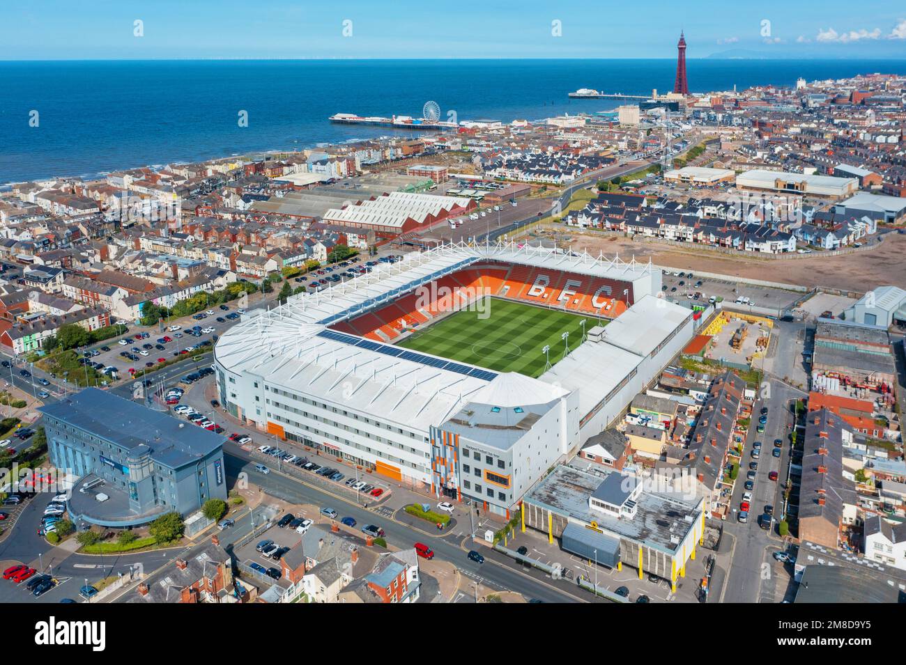 Blackpool, Lancashire. United Kingdom 08.27.2022 Blackpool Football Club, Bloomfield Road Stadium. Aerial Image. 27th August 2022. Stock Photo