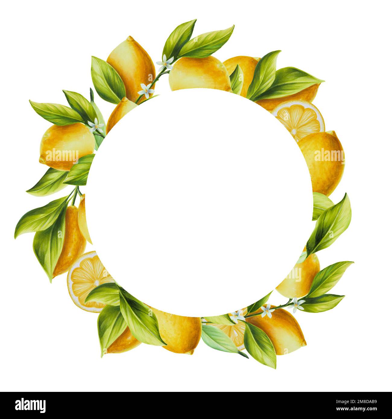 Watercolor frame with fresh ripe lemon with bright green leaves and ...