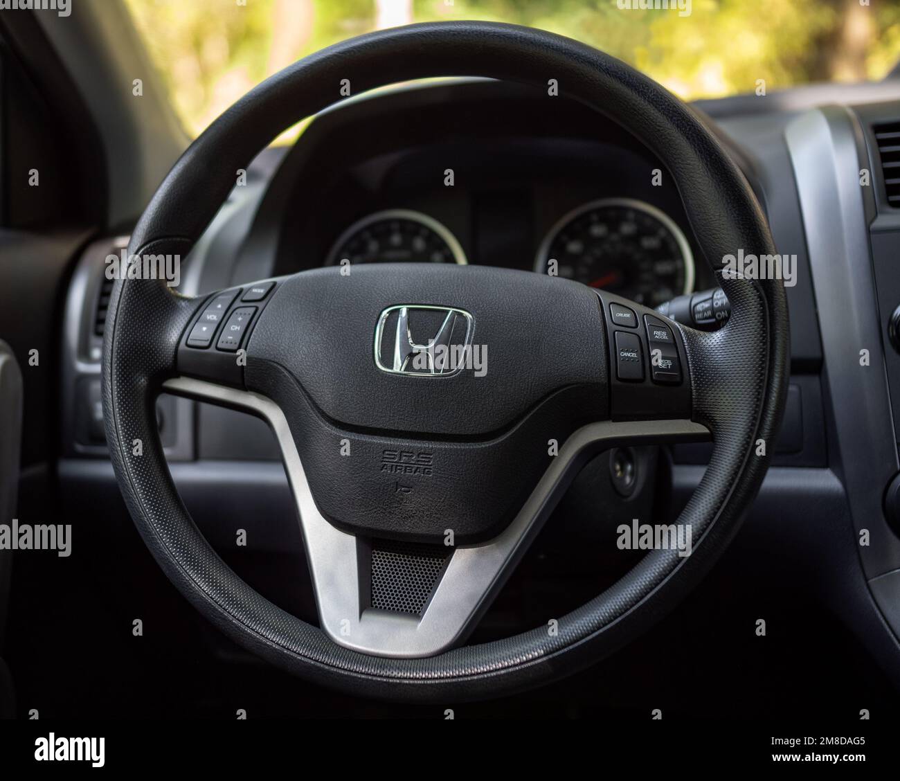 Honda CRV with recalled driver side Takata airbag. The Takata airbag inflator recall is one of the largest automotive safety recalls in US history. Stock Photo