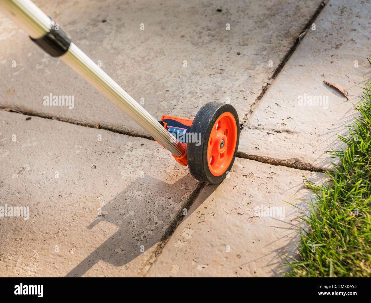 Measuring wheel tool for calculating distance. Outdoor surveying
