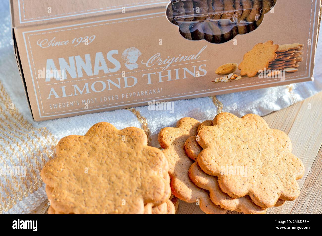 DUSHANBE, TAJIKISTAN - AUGUST 18, 2022: Sweet Swedish Annas Original Almond thins with ginger and cinnamon (Pepparkaka or Pepparkakor biscuits) on lig Stock Photo