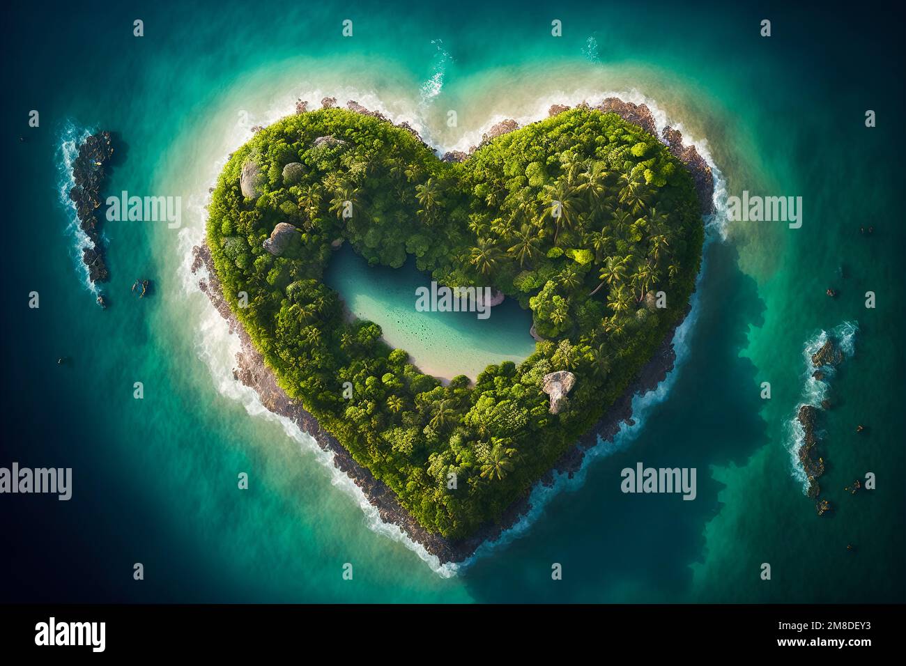 heart shaped green island in the middle of the ocean, generative ai Stock Photo