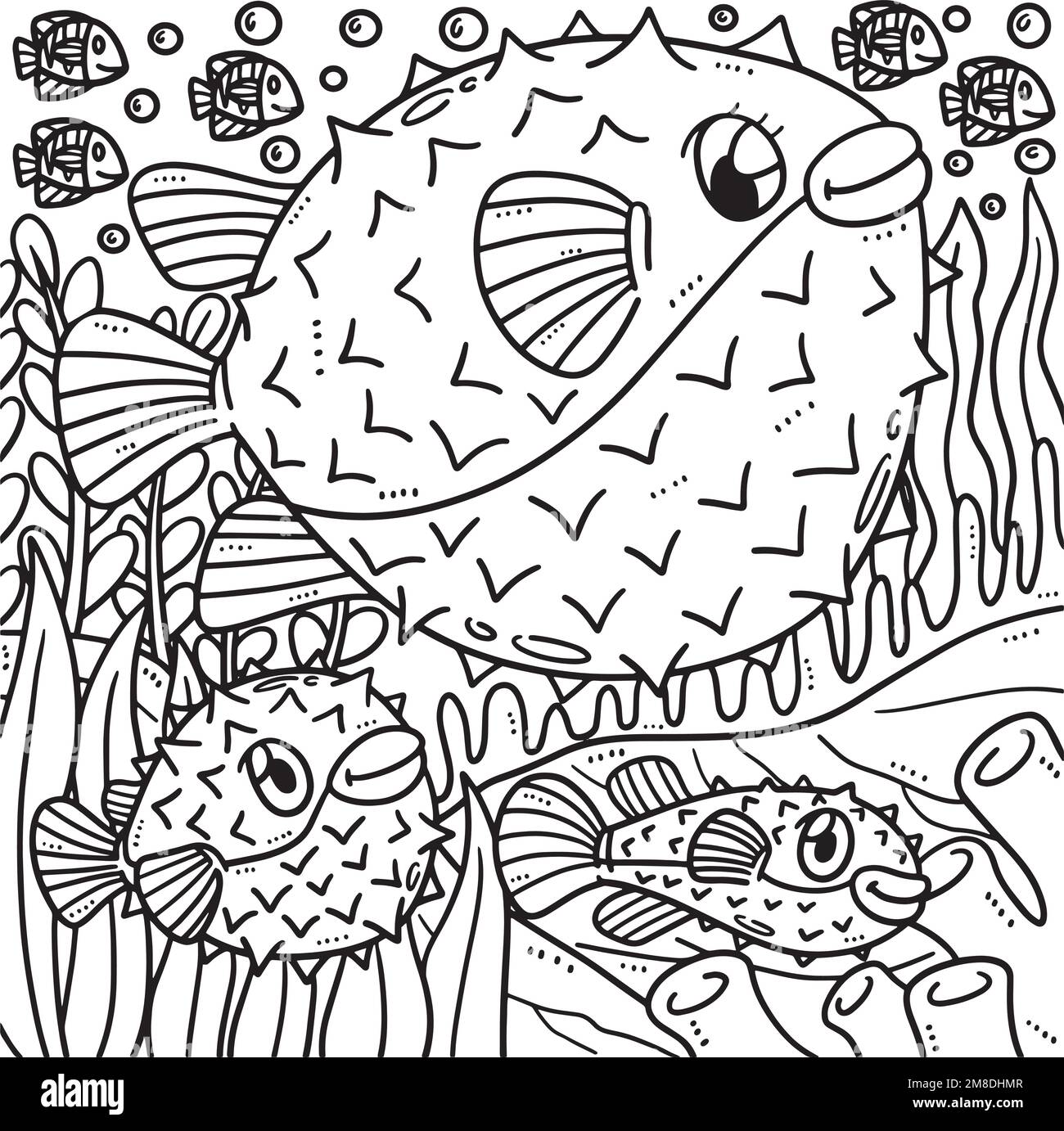 Mother Pufferfish and Baby Pufferfish Coloring  Stock Vector