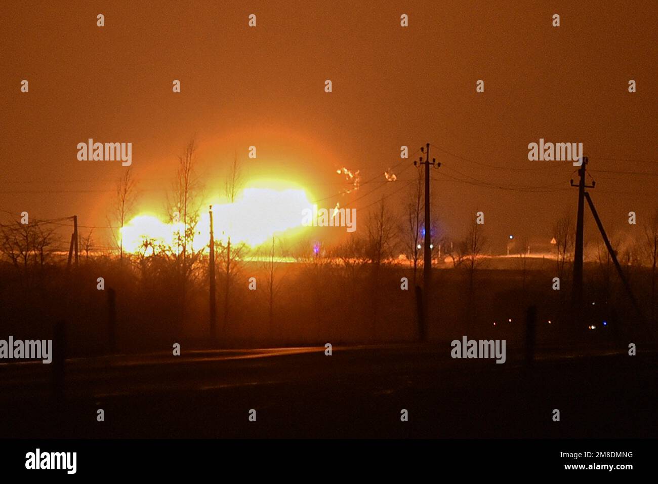 A flame rises after an explosion at a gas pipeline near Pasvalys, 175 km  (109 miles) north of Vilnius in northern Lithuania on Friday, Jan. 13,  2023. Officials say an explosion has