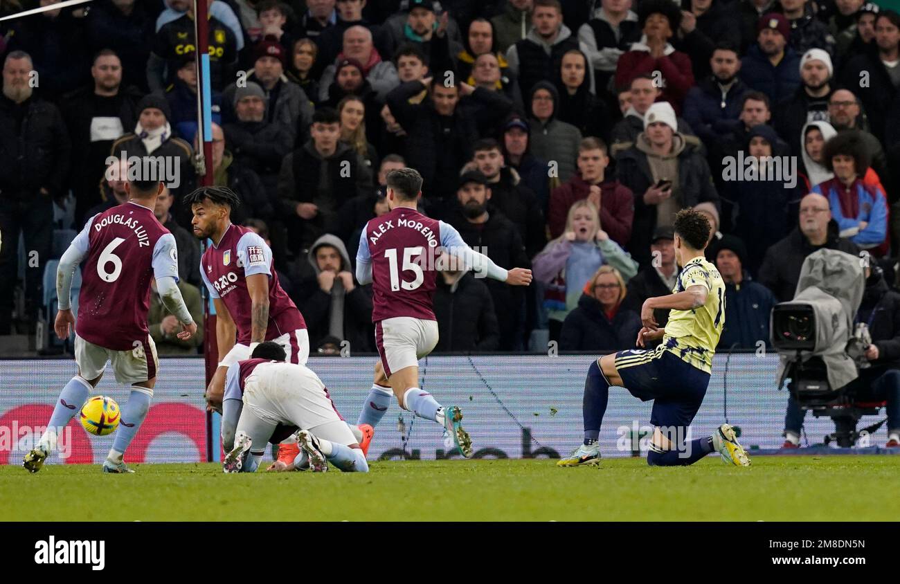 Birmingham, UK. 13th January 2023. Rodrigo Moreno of Leeds United (r) scores but it is ruled out for offside  during the Premier League match at Villa Park, Birmingham. Picture credit should read: Andrew Yates / Sportimage Credit: Sportimage/Alamy Live News Credit: Sportimage/Alamy Live News Stock Photo