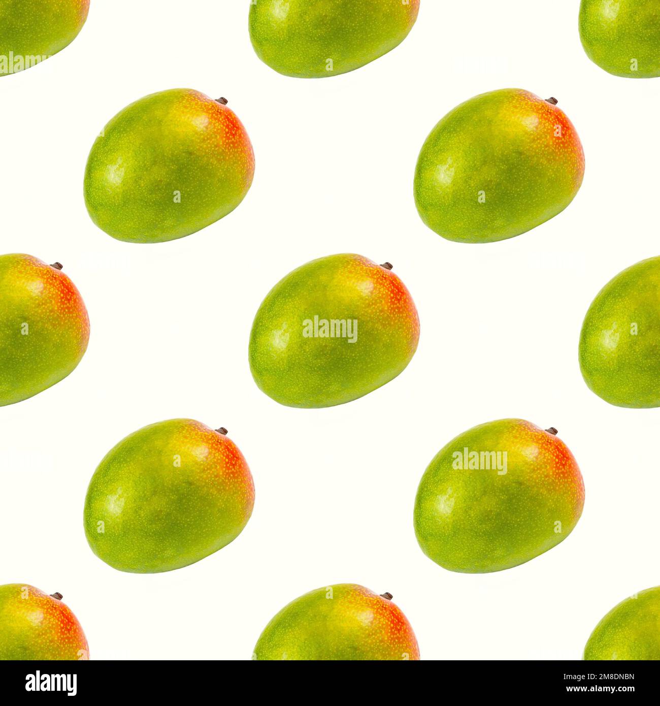 Green and red mango fruit repeat seamless pattern on white background. Stock Photo