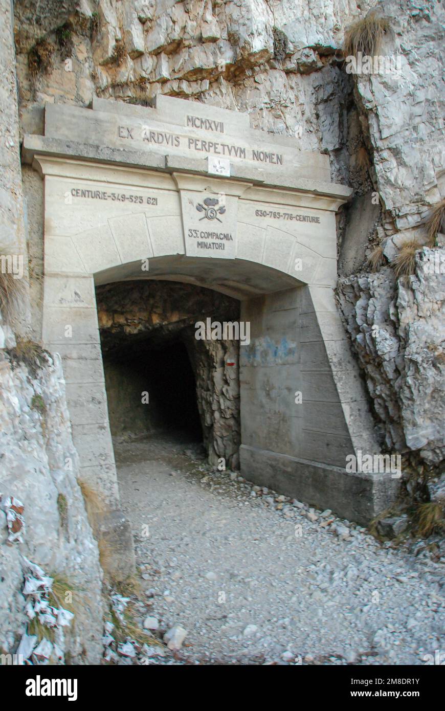 The Strada delle 52 Gallerie ('Road of 52 tunnels') or 'Road of the First Army') is a military mule road built during World War I on the Pasubio massi Stock Photo