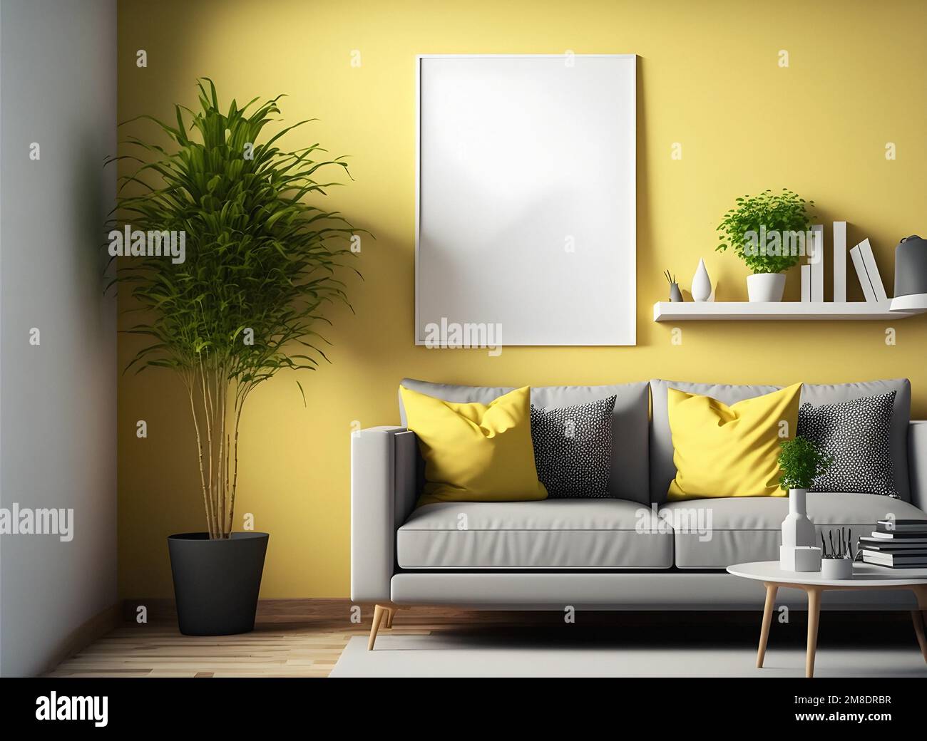 Stylish scandinavian interior of living room with design gray sofa
