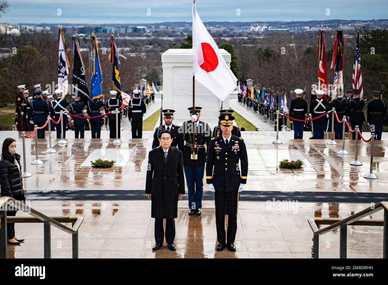 Arlington, USA. 13th Jan, 2023. Arlington, USA. 13 January, 2023. Japanese Prime Minister Fumio Kishida, left, escorted by U.S Army Maj. Gen. Allan Pepin participates in an Armed Forces Full Honors Wreath-Laying Ceremony at the Tomb of the Unknown Soldier at Arlington National Cemetery, January 13, 2023 in Arlington, Virginia, USA. Credit: Elizabeth Fraser/U.S. Army/Alamy Live News Stock Photo