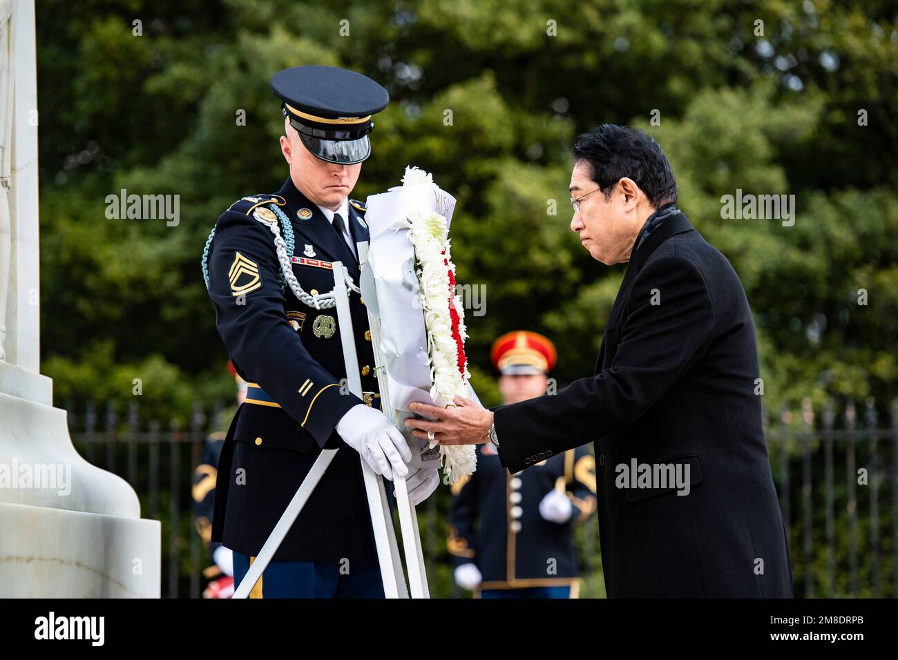 Arlington, USA. 13th Jan, 2023. Arlington, USA. 13 January, 2023. Japanese Prime Minister Fumio Kishida, right, adjust the wreath during an Armed Forces Full Honors Wreath-Laying Ceremony at the Tomb of the Unknown Soldier at Arlington National Cemetery, January 13, 2023 in Arlington, Virginia, USA. Credit: Elizabeth Fraser/U.S. Army/Alamy Live News Stock Photo