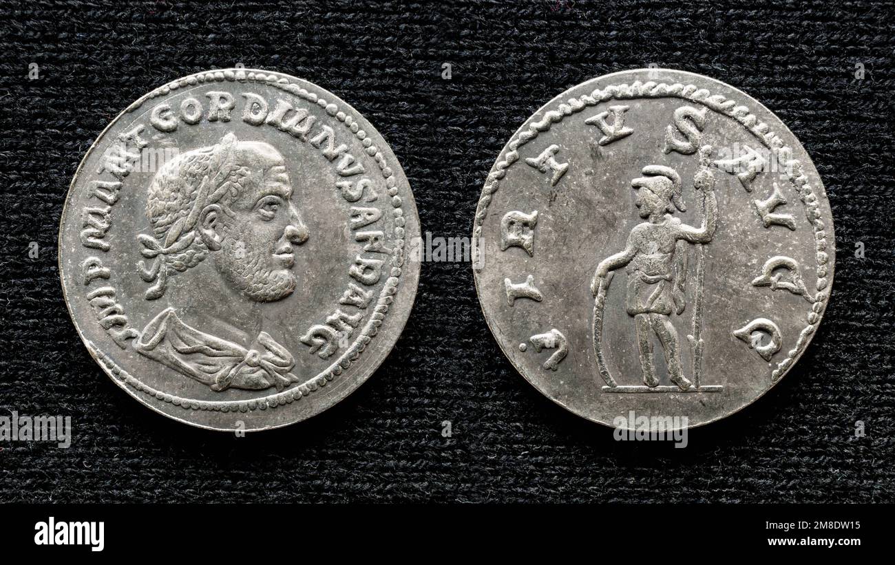 Ancient Roman coin of emperor Gordian III. Old rare money, silver