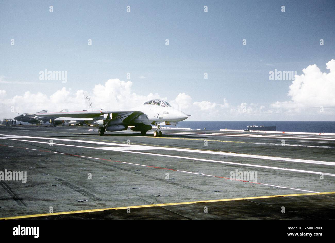 A Fighter Squadron 213 (VF-213) F-14A Tomcat aircraft comes to a halt ...
