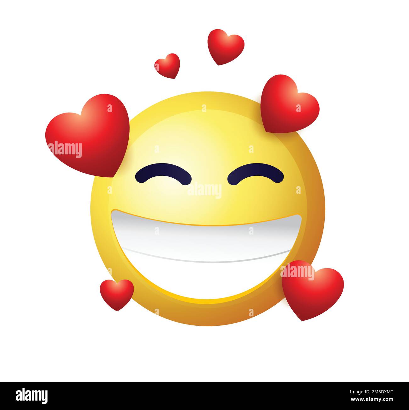 High quality emoticon on white background. Emoji blushing in love with red hearts. Yellow face emoji in love. Popular chat elements. Love emoticon. Stock Vector