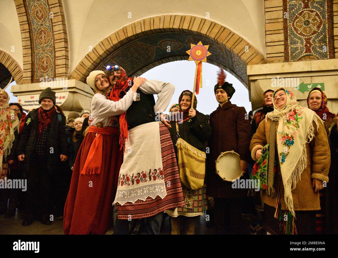 Kyiv, Ukraine. 13th Jan, 2023. Ukrainians wearing traditional and carnival  costumes sing carols as they gather at an underground metro station, due to  safety reason, to celebrate the winter holiday of Malanka,