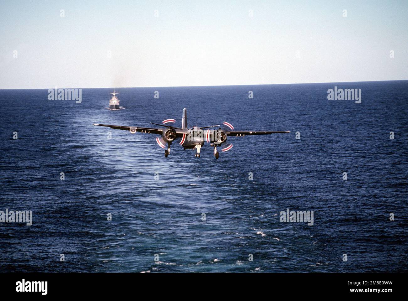 An Argentine navy S2E Tracker aircraft approaches the flight deck of