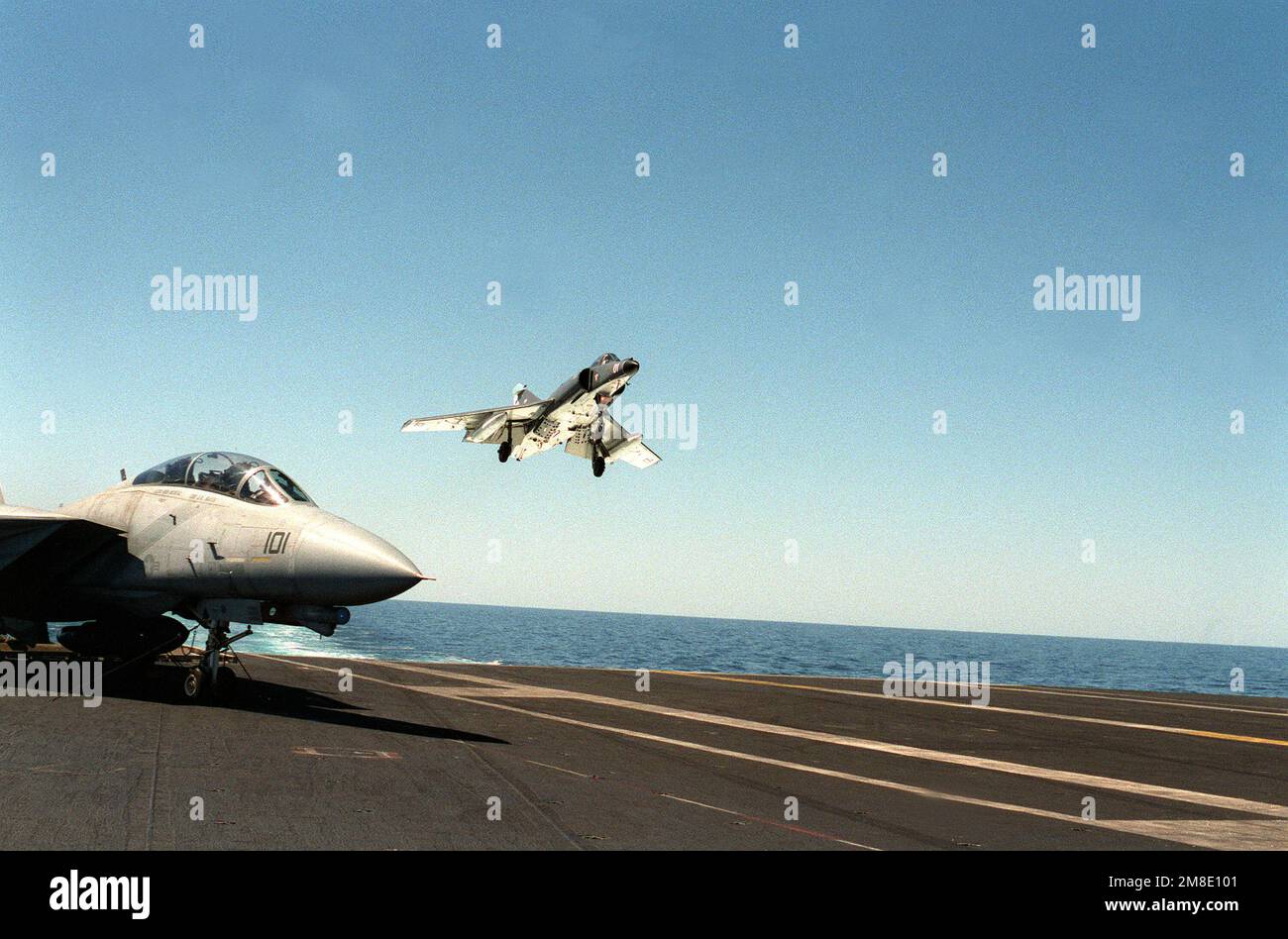 An Argentine navy Super Etendard aircraft approaches the flight deck of