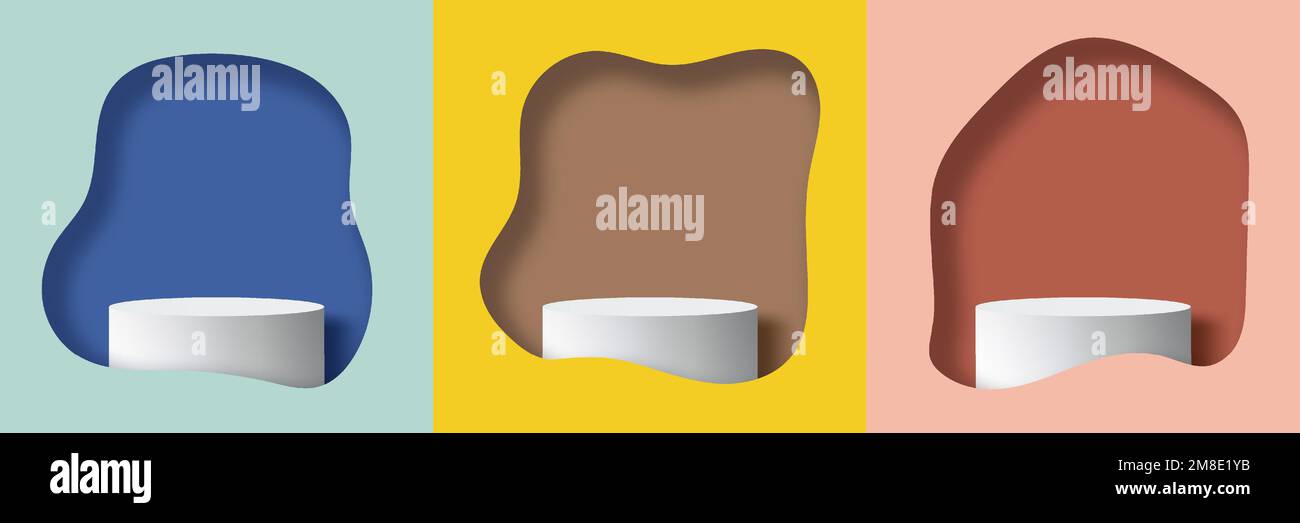 Set of 3D realistic white podium platform stand with fluid shape frame foreground on minimal wall scene pastel background. Product display for cosmeti Stock Vector