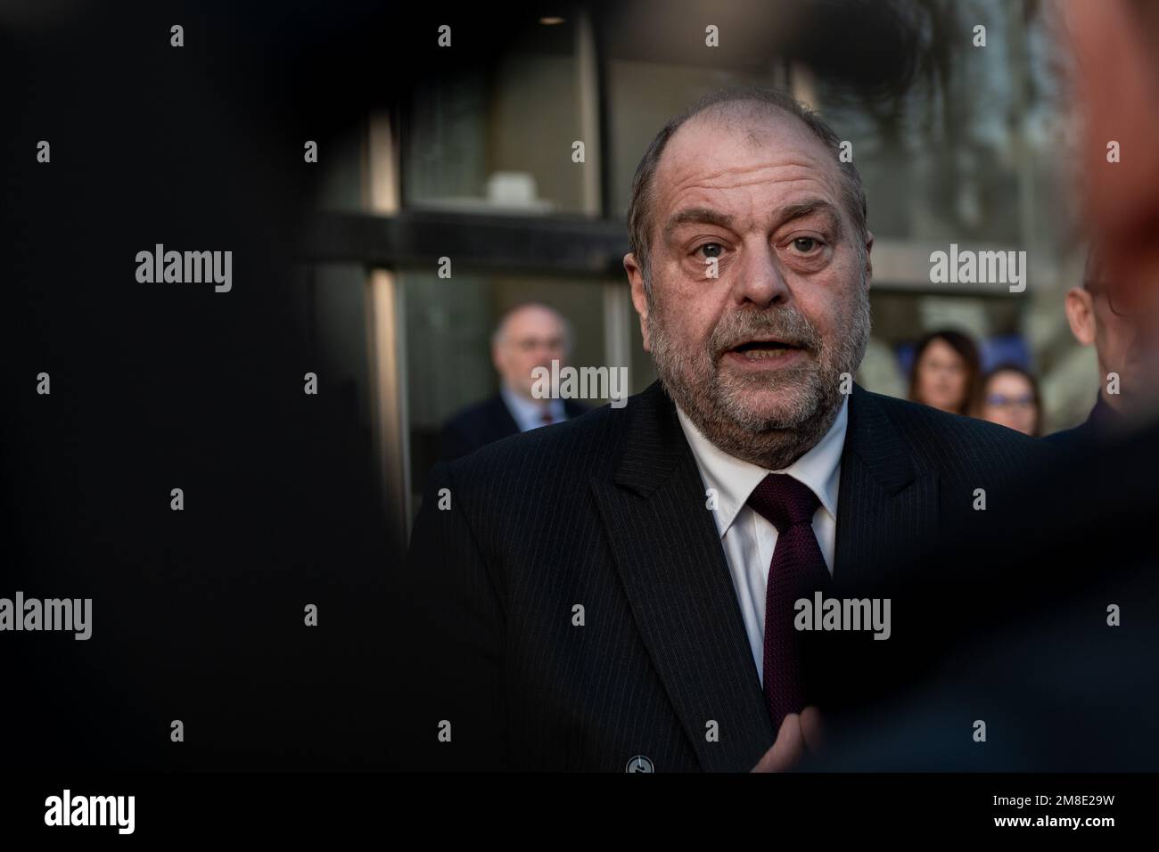 Grasse, France. 13th Jan, 2023. French Minister of Justice Eric Dupond-Moretti responds to the press after the visit at the courthouse. The French Minister of Justice Eric Dupond-Moretti visits the Court of Grasse, a pioneer in the new policy of accelerating judicial decisions through amicable settlement. Credit: SOPA Images Limited/Alamy Live News Stock Photo