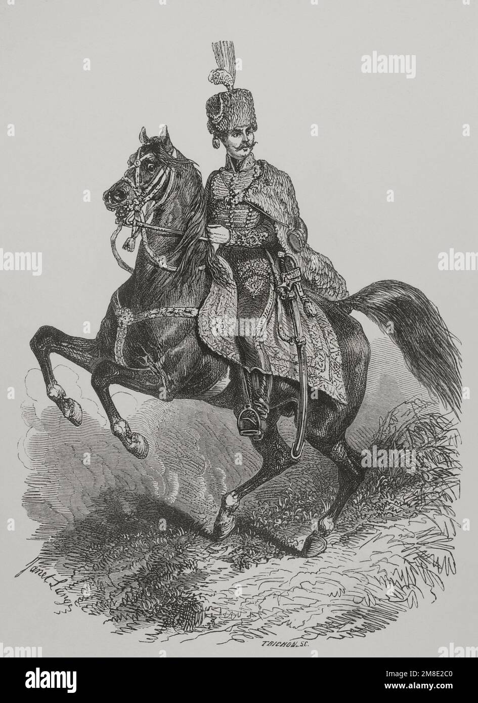 Hungarian cavalry. Engraving by Janet Lange and Trichon. 'Los Heroes y las Grandezas de la Tierra' (The Heroes and the Grandeurs of the Earth). Volume VI. 1856. Author: Auguste Trichon (1814-1898). French engraver. Janet-Lange (pseudonym of Ange-Louis Janet 1815-1872). French artist. Stock Photo