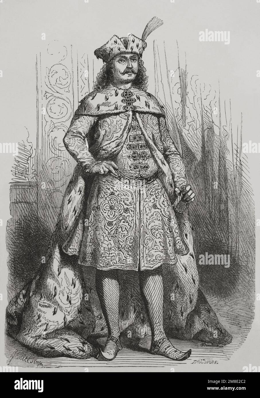Prince Francis II Rákóczi (1676-1735). Leader of Rákóczi's War of Independence against the Habsburgs in 17031711, as the Prince of the Estates Confederated for Liberty of the Kingdom of Hungary. Portrait. Engraving by Janet Lange and Trichon. 'Los Heroes y las Grandezas de la Tierra' (The Heroes and the Grandeurs of the Earth). Volume VI. 1856. Author: Auguste Trichon (1814-1898). French engraver. Janet-Lange (pseudonym of Ange-Louis Janet 1815-1872). French artist. Stock Photo