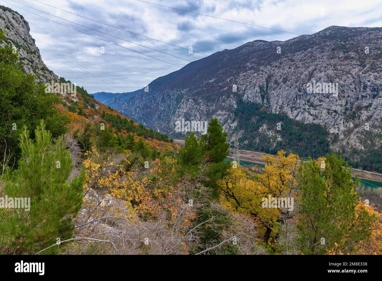 River Cetina, Omiš and mountains in Croatia. Croatian nature landscape. December on the Adriatic sea coast. Stock Photo