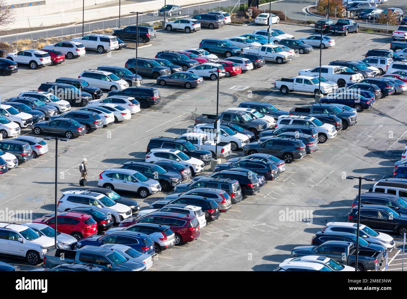 Aerial view of outdoor long term car parking lot of San Jose International Airport San