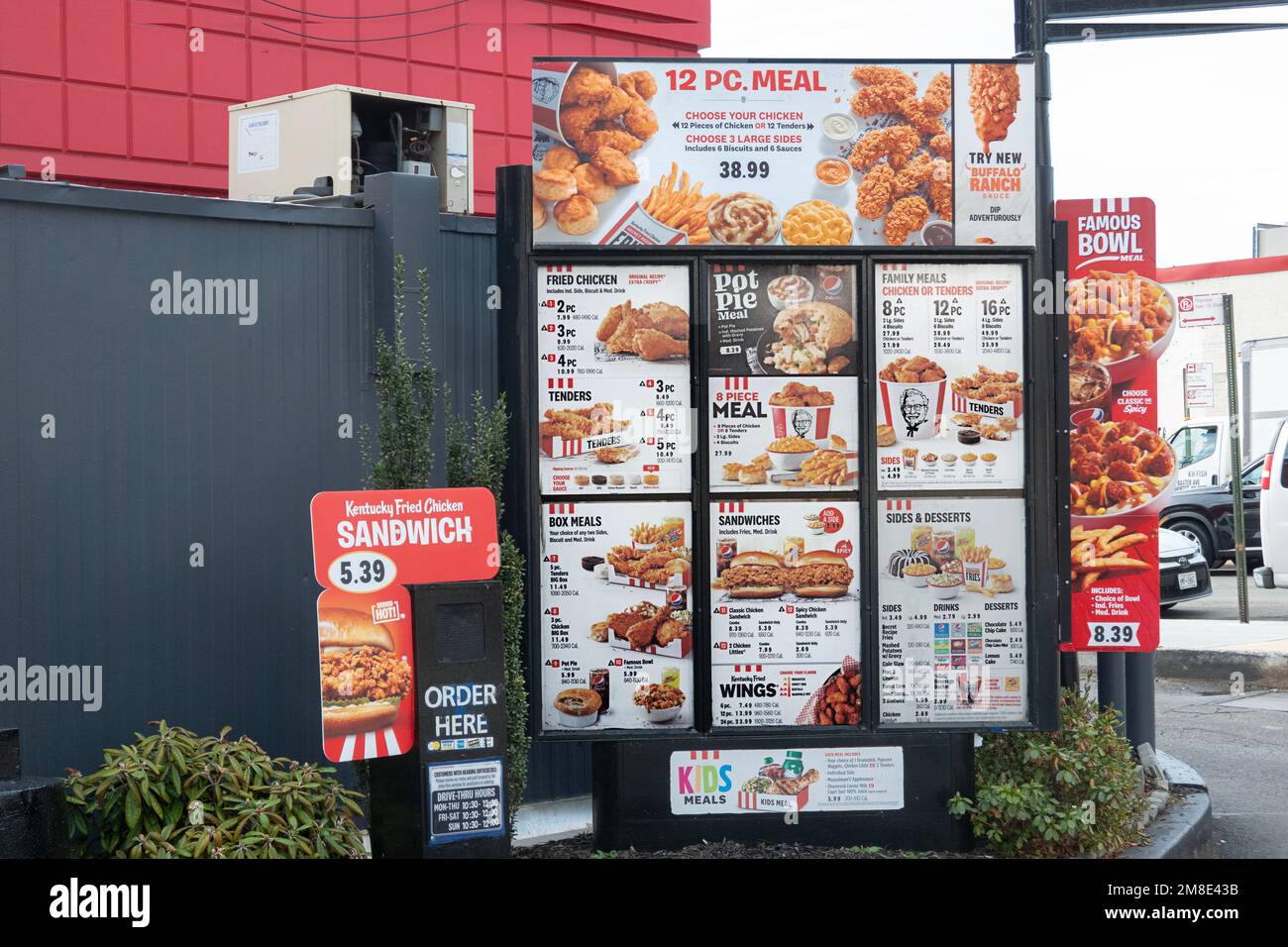 The drive through menu at a KFC, Kentucky Fried Chicken, restaurant on Northern Blvd in Flushing, Queens, New York City. Stock Photo