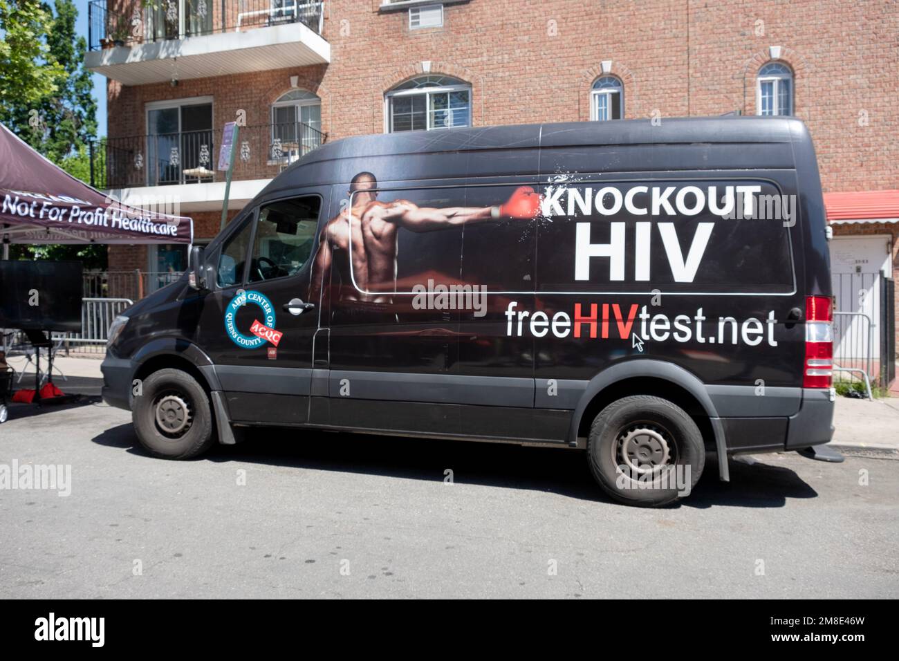 A truck offering free HIV testing at the Queens Pride Parade in Jackson Heights, Queens, New York. Stock Photo