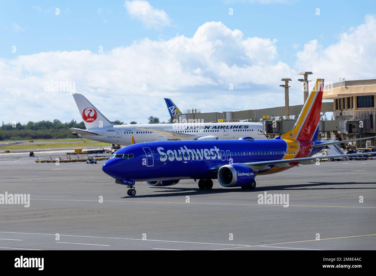 Southwest Airlines airplane Boeing 737 MAX 8 with registration number N8757L taxing at Daniel K. Inouye International Airport - Honolulu, Hawaii, USA Stock Photo