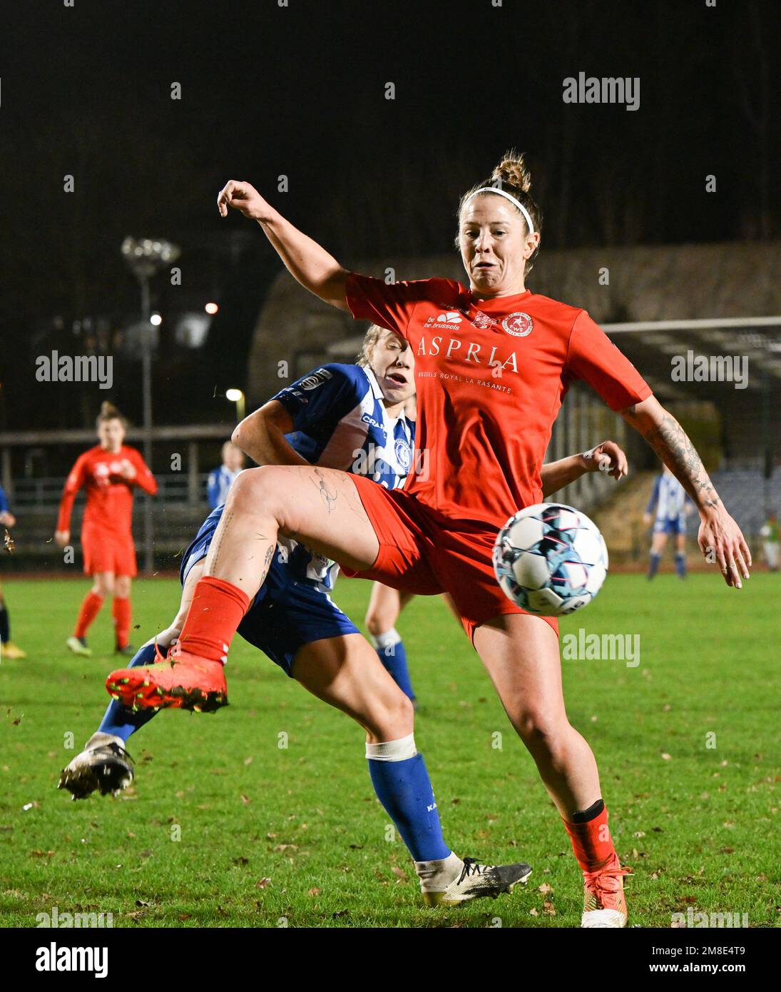Celine Verdonck 27 of Woluwe pictured fighting for the ball with