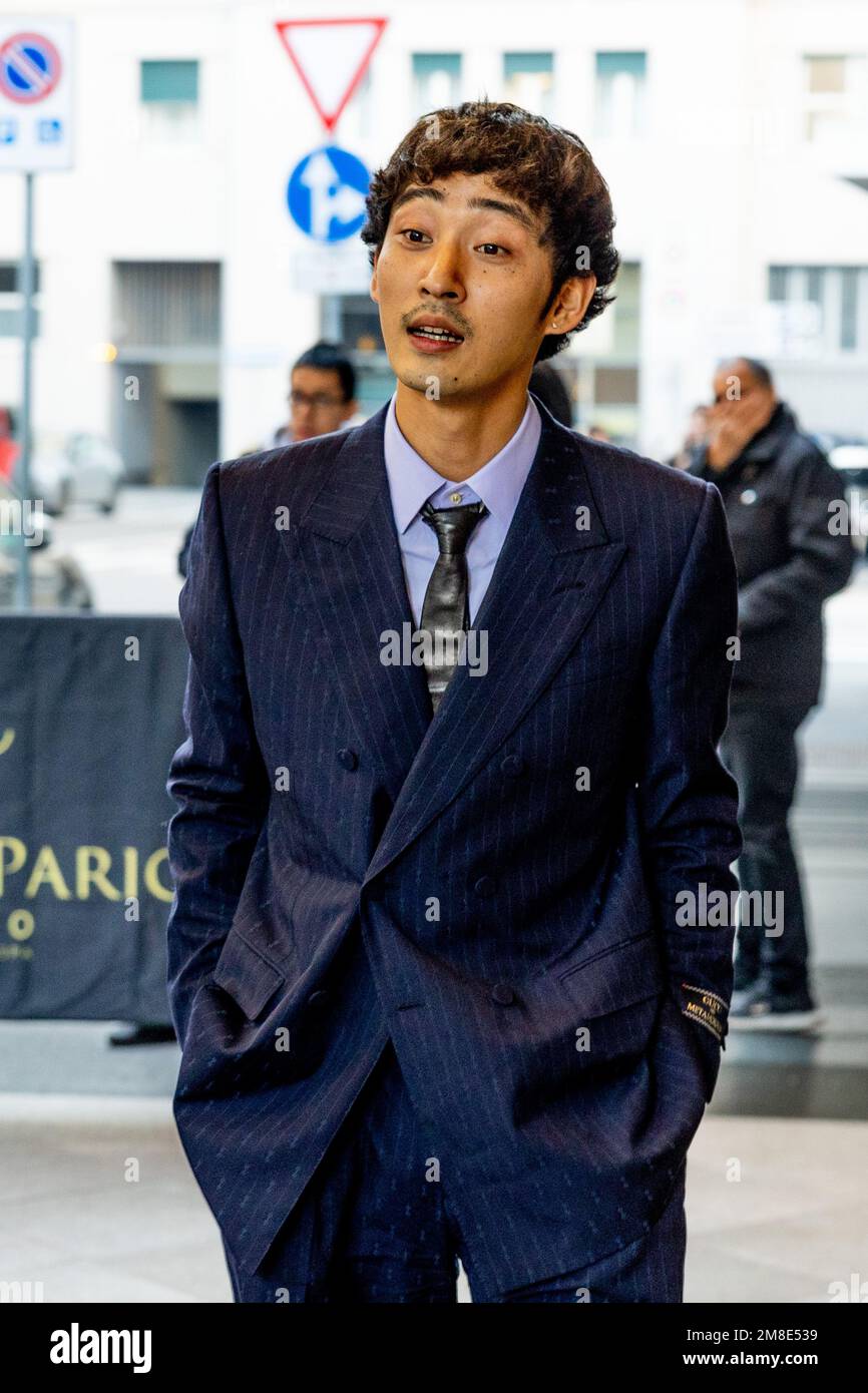 Milano, Italy. 13th Jan, 2023. Shuhei Uesugi is seen during the Milan Fashion Week Menswear Fall/Winter 2023/2024 in Milano. Credit: SOPA Images Limited/Alamy Live News Stock Photo