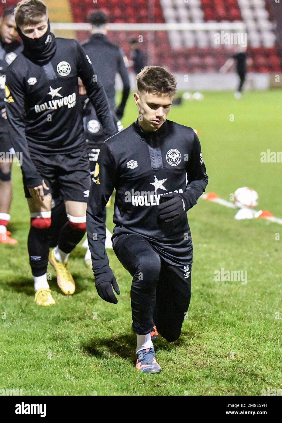 Woking, UK. 13th Jan, 2023. WOKING, ENGLAND - JANUARY 13: Romeo Beckham of Brentford B in action during the Premier League Cup match between Brentford B and Aston Villa U21 at The Laithwaite Community Stadium on January 13, 2023 in Woking, England. (Photo MB Media/Sipa USA) Credit: Sipa USA/Alamy Live News Stock Photo