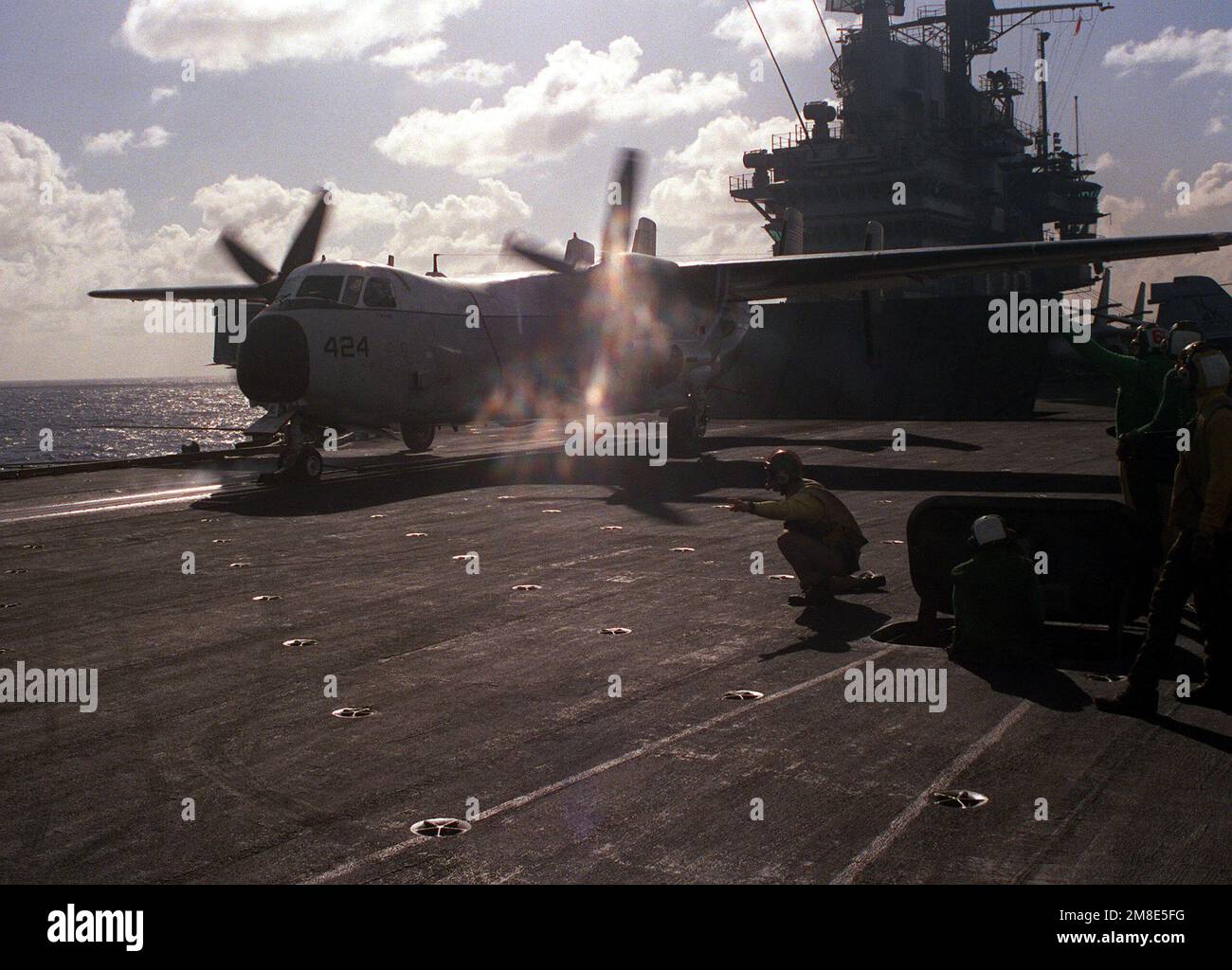 A C-2A Greyhound aircraft is launched from the No. 1 catapult on the flight deck of the aircraft carrier USS INDEPENDENCE (CV-62).. Country: Pacific Ocean(POC) Stock Photo