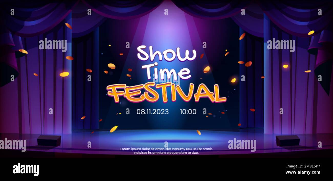 Festival announcement poster with lettering on stage background. Cartoon vector illustration of concert hall with podium for performance illuminated b Stock Vector