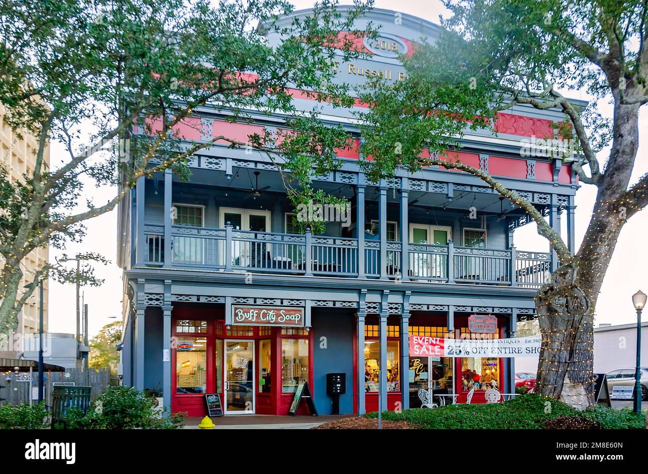 The H.F. Russell Building is pictured on Washington Avenue, Dec. 28, 2022, in Ocean Springs, Mississippi.  Ocean Springs has won numerous awards. Stock Photo