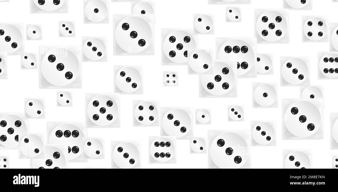Gambling game dice. Seamless pattern of realistic white play dice cubes with black dot isolated on white. Objects to play in casino, dice from one to Stock Vector