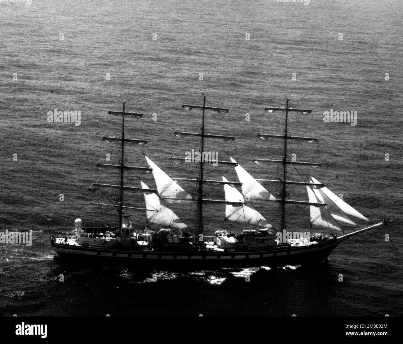 A starbaord view of the Russian merchant marine sail training ship PALLADA underway. Country: Unknown Stock Photo
