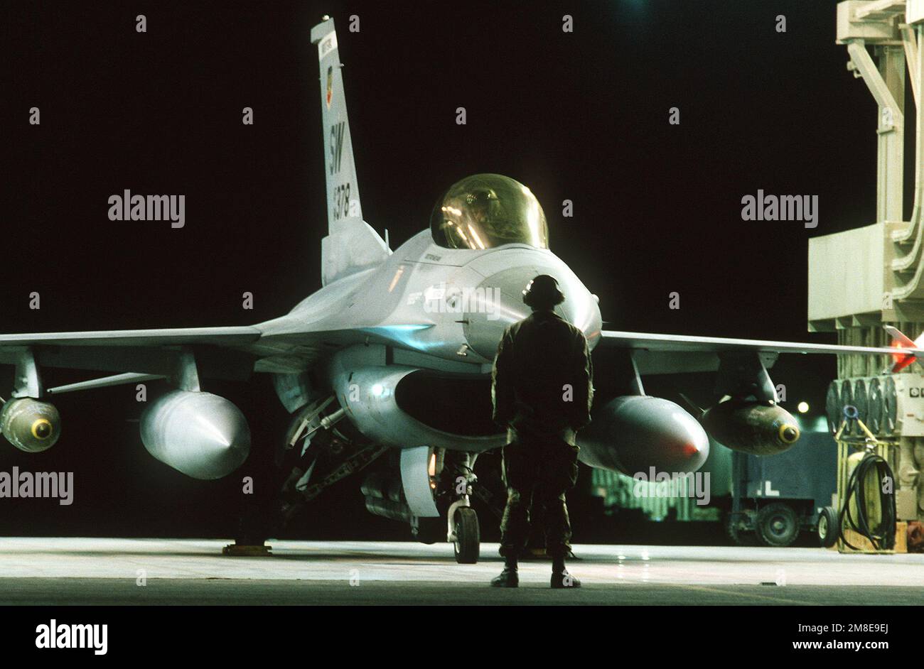 SGT. Ken Mahaley, crew chief, 17th Avionics Squadron, launches an F16C