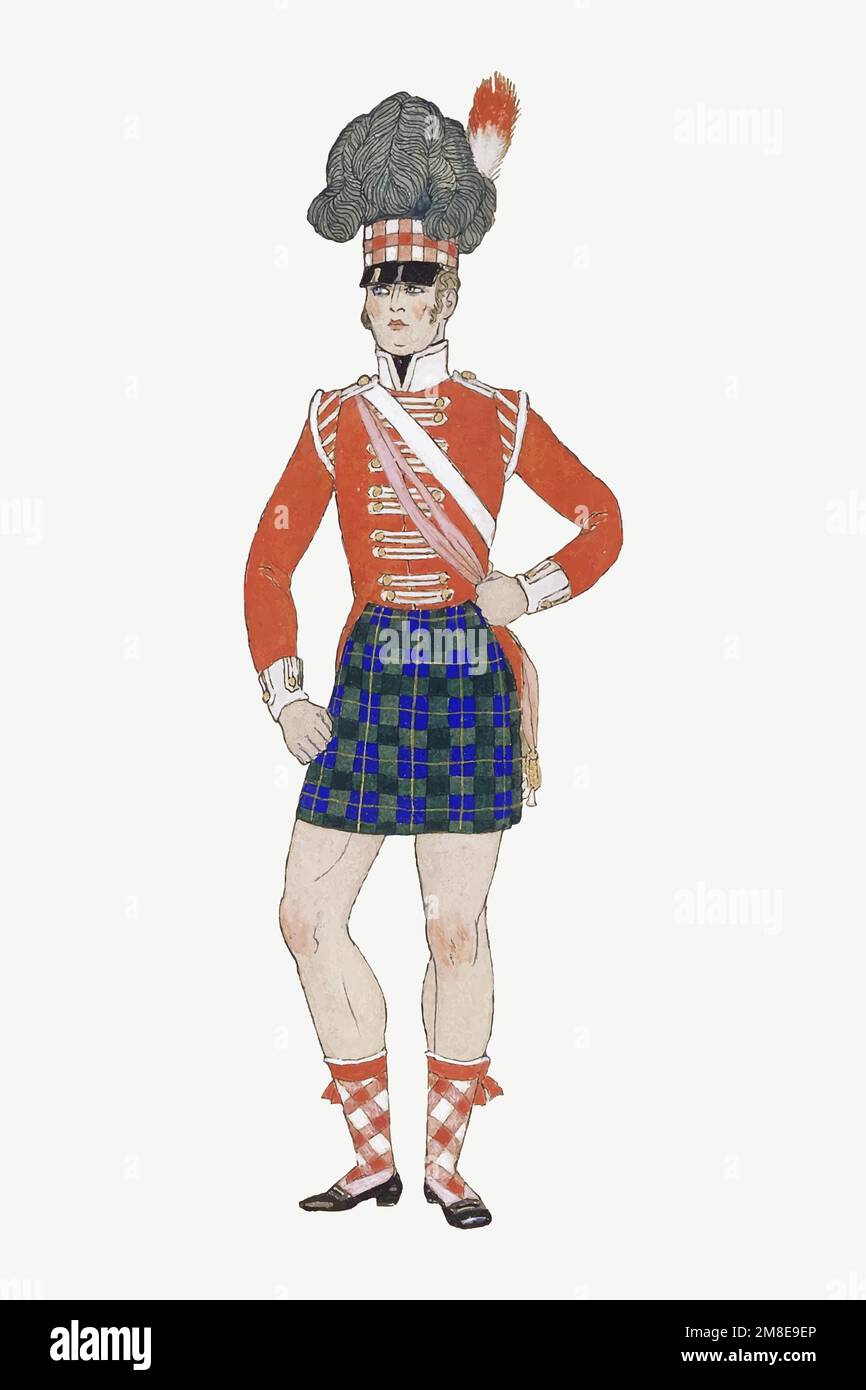 Vintage Scottish army vectr vintage traditional fashion, remix from artworks by George Barbier Stock Vector