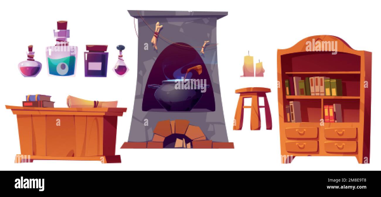 Alchemist laboratory or shop interior set with books, magic potions, table, cupboard, candles and cauldron in stove isolated on white background, vect Stock Vector