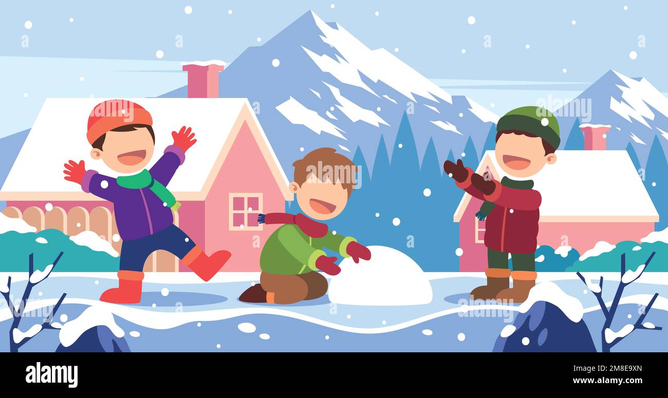 A few kids playing with snow in a yard Stock Vector