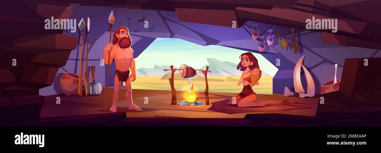 Ancient cave people, prehistoric age human family. Primitive tribe characters, man with spear, woman with baby in cave with fire, cooked meat, bones a Stock Vector