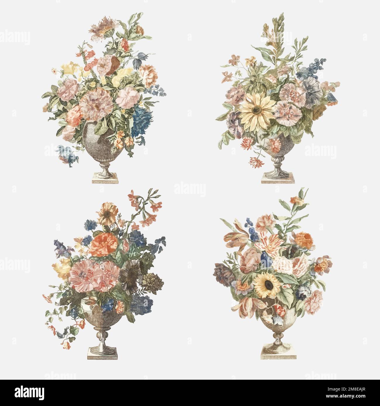 Flower bouquet in vase vector vintage illustration set Stock Vector