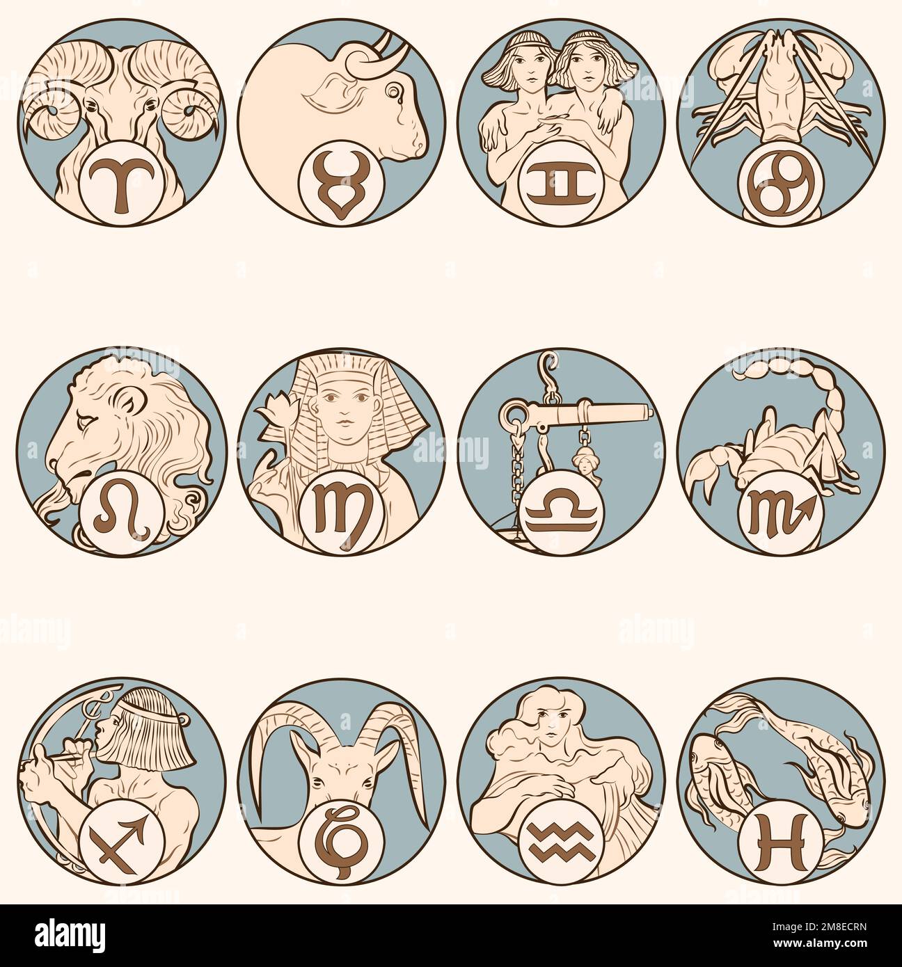 Art nouveau 12 zodiac signs vector, remixed from the artworks of Alphonse Maria Mucha Stock Vector