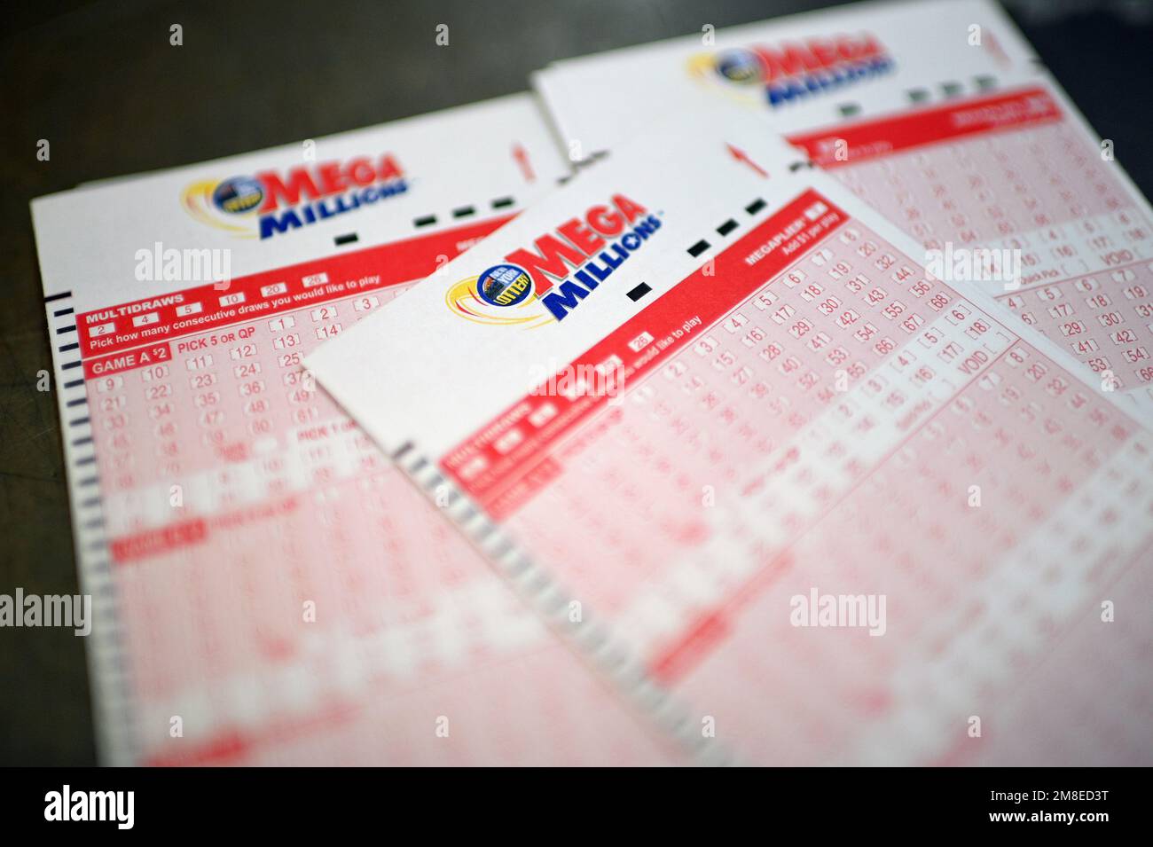 New York, USA. 13th Jan, 2023. View of Mega Millions forms for