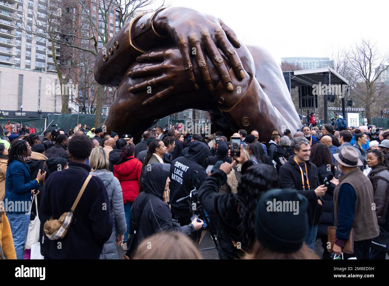 Boston, MA, USA. 13th Jan, 2023. ‘The Embrace' sculpture unveiling at
